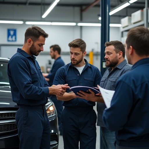 Technicians discussing vehicle repairs